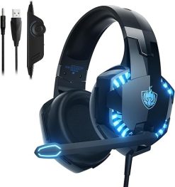 Gaming Headset, Surround Audio Gaming Headphones with Noise Cancelling Mic, LED Light & Soft Memory Earmuffs - Kotion Each G2000