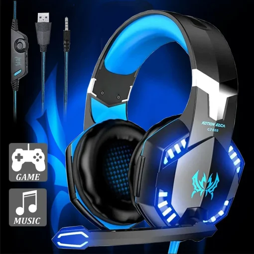 Gaming Headset, Surround Audio Gaming Headphones with Noise Cancelling Mic, LED Light & Soft Memory Earmuffs - Kotion Each G2000