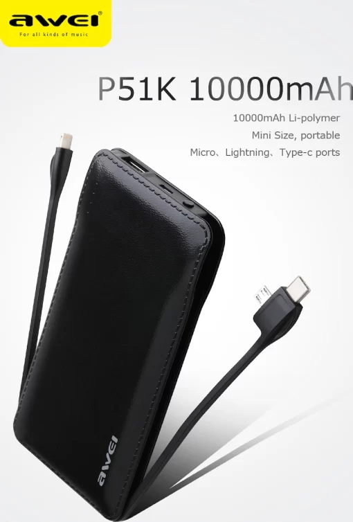 Awei P51K Power Bank 10000mAh με Θύρα USB-A Μαύρο shop flix