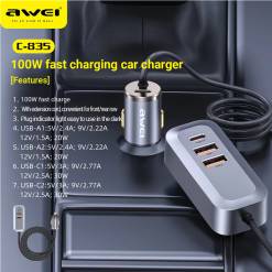 Awei Car Charger Gray with Ports: 2xUSB 2xType-C