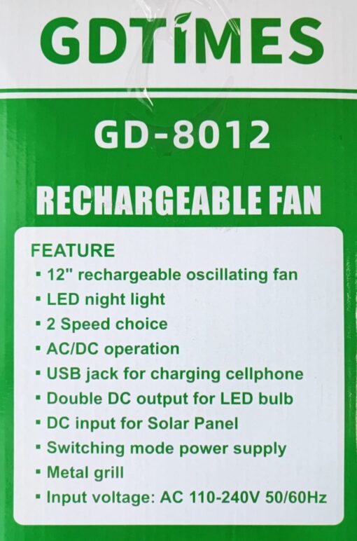 GDTimes Fan GD-8012 Solar Lighting System with 12"