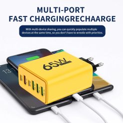 Total 65W 6 in 1 Wall Fast Charger 4 USB-A /2 Type-C Yellow