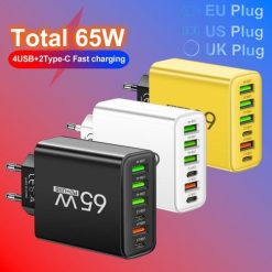 Total 65W 6 in 1 Wall Fast Charger 4 USB-A /2 Type-C Black