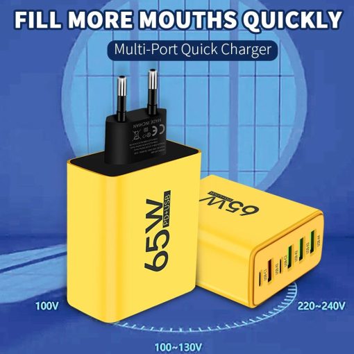 Total 65W 6 in 1 Wall Fast Charger 4 USB-A /2 Type-C Yellow