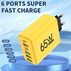 Total 65W 6 in 1 Wall Fast Charger 4 USB-A /2 Type-C Yellow