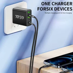 Total 65W 6 in 1 Wall Fast Charger 4 USB-A /2 Type-C Black