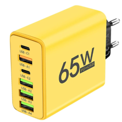 Total 65W 6 in 1 Wall Fast Charger 4 USB-A /2 Type-C Yellow