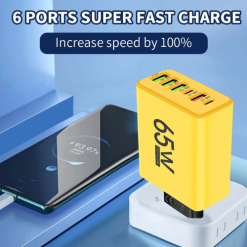 Total 65W 6 in 1 Wall Fast Charger 4 USB-A /2 Type-C Yellow