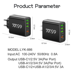 Total 65W 6 in 1 Wall Fast Charger 4 USB-A /2 Type-C Black