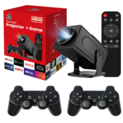 Blue handheld children's game console 811597_PRO with wireless controllers and mini projector